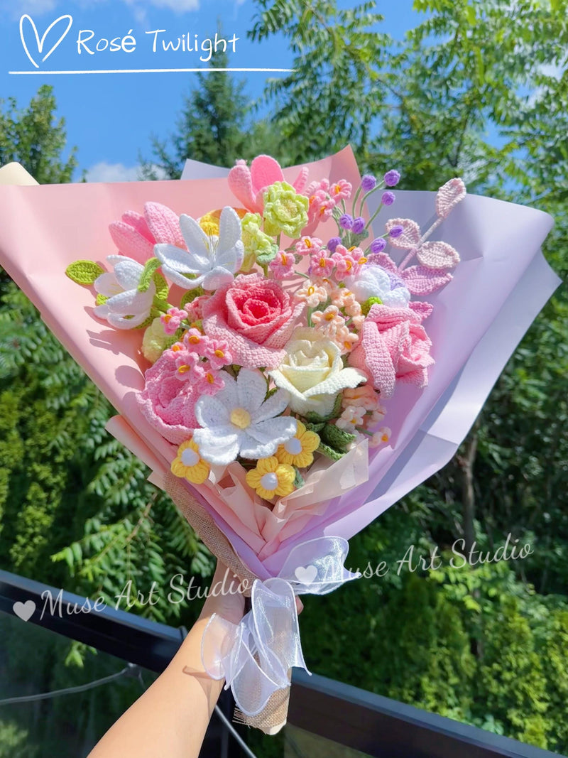 Crochet Flower Bouquet: Handmade Yarn Sunflower, Lily, Tulip rose Arrangement, FLOWER DELIVERY