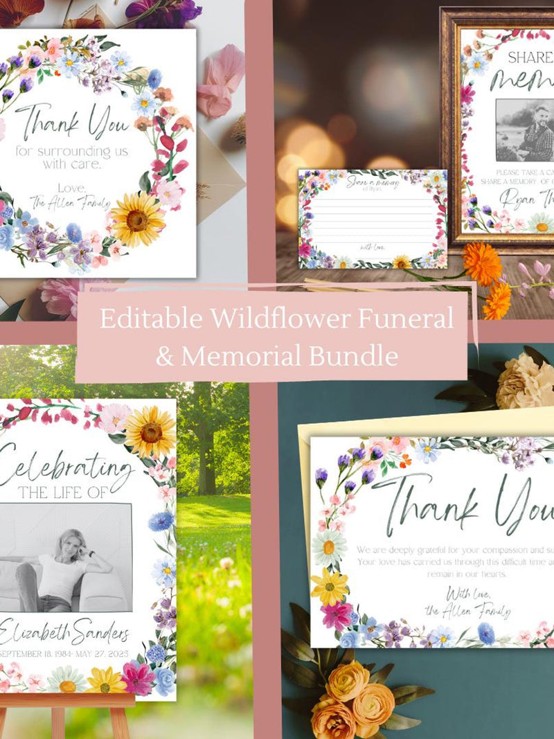 Wildflower Funeral Bundle Celebration of Life Template Editable Photo Memorial Welcome Sign Floral Share a Memory Card Funeral Thank You Set sympathy flower