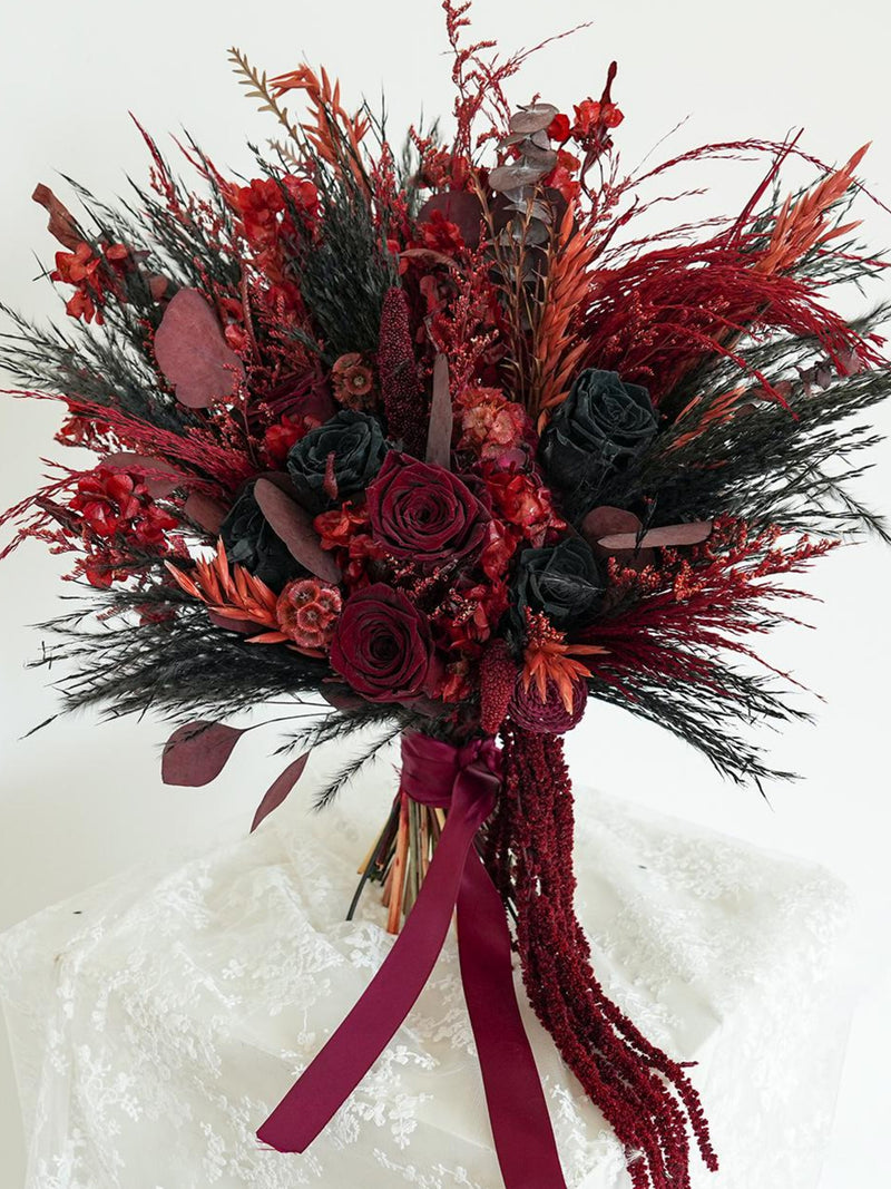 Black/Red Pampas Wedding Bouquet,Black/Red Rose,Artificial flowers,Rustic Wedding Bouquet Faux Silk & Dried  Flower Girl Bouquet Bouquet