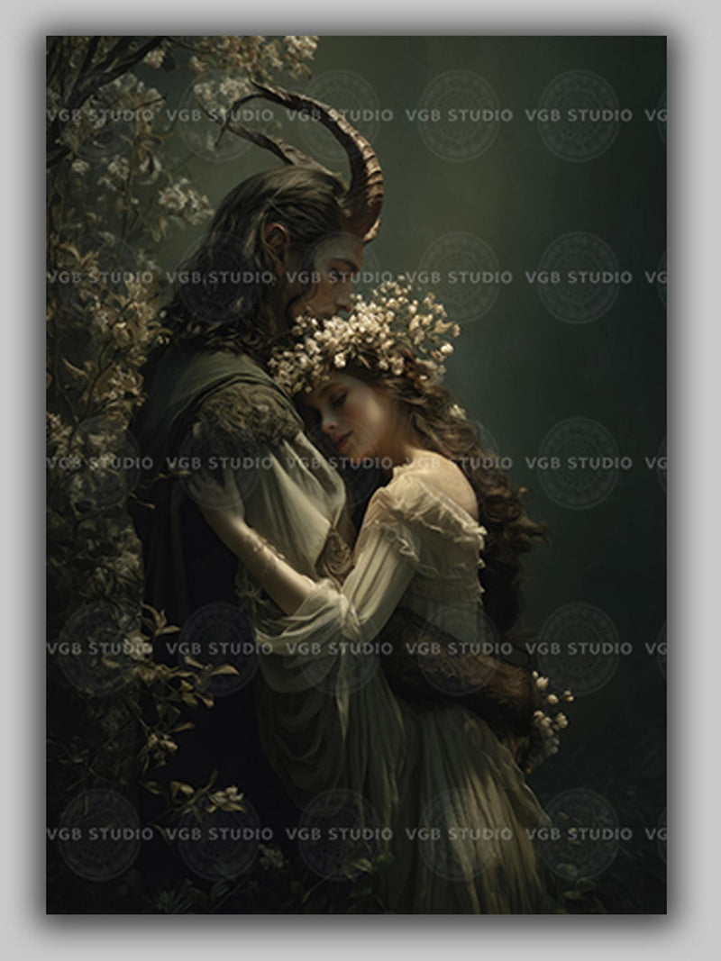 Beltane Art Print May Queen and Horned God Lovers Pagan Romance Wall Decor Spring Fairy Couple Flower Crown Fantasy Wiccan Sabbat AG61 Love Romance Flower