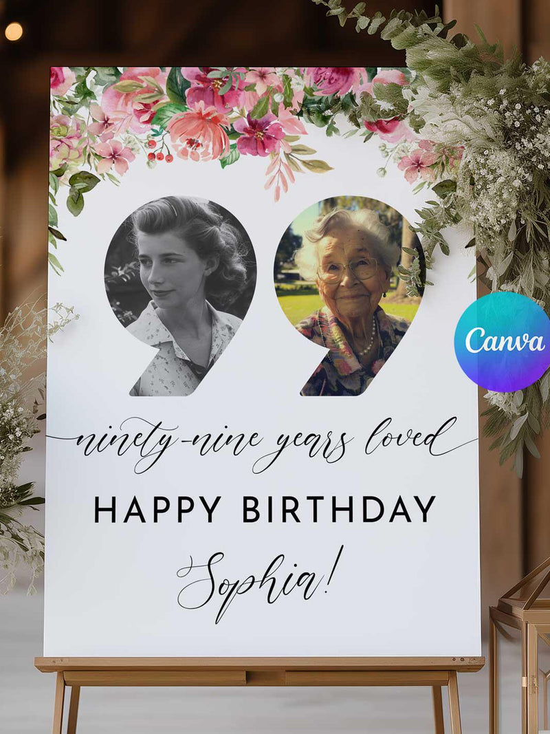99 Years Loved Sign, 99th Birthday Welcome Sign, Floral 99th Welcome Sign with Photo, Look Who's 99 Welcome Sign, 99th Birthday Decorations birthday flower