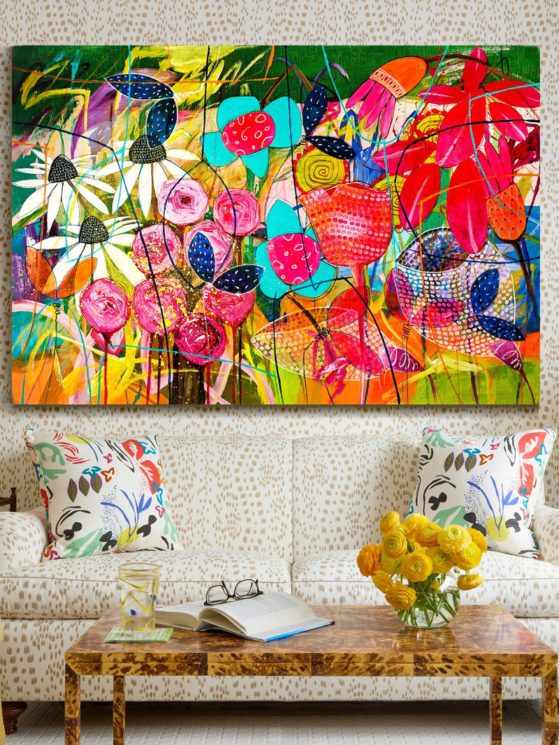 Abstract Flower Painting on Canvas: Modern Vibrant Wall Art, Stretched Canvas Ready To Hang ANNIVERSARY