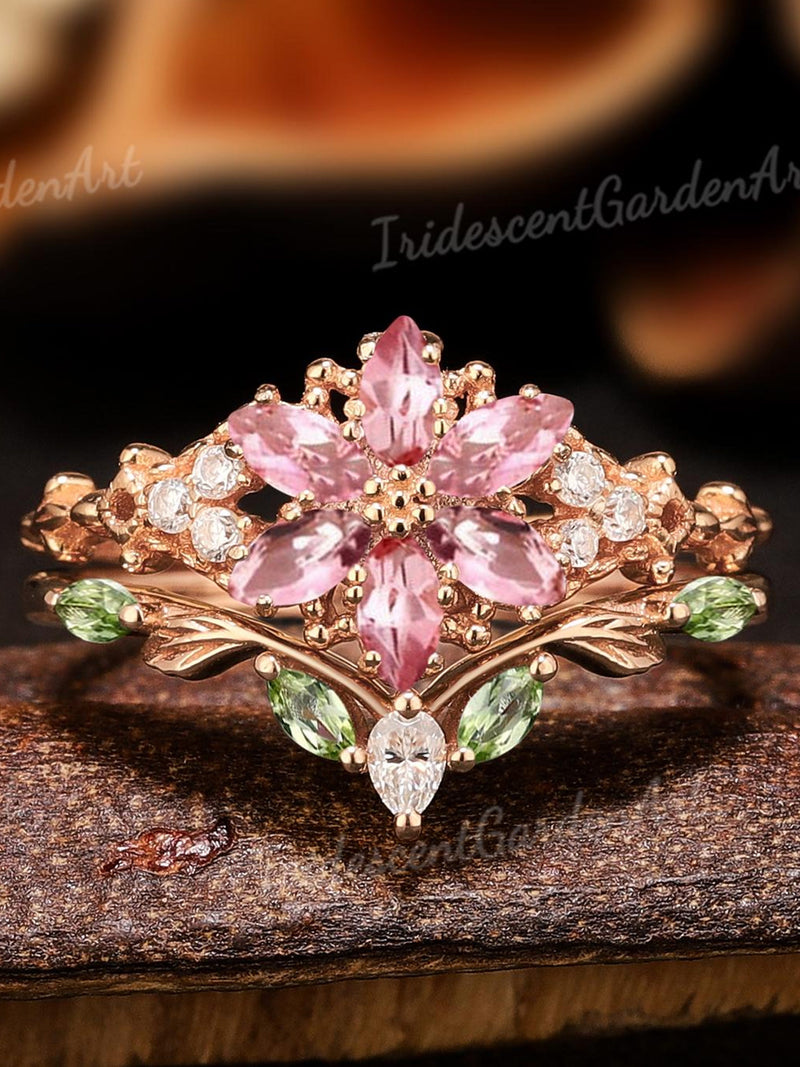 Nature Inspired Flower Pink Sapphire Engagement Ring Set Leaf Design Peridot Wedding Band Rose Gold Ring Mothers Day Gift Handmade Jewelry ANNIVERSARY