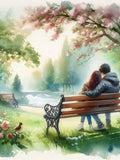 Couple Wall Art, Park Bench, Cherry Blossom Watercolor, Romantic Garden Lake Print, Anniversary Gift, Desktop & Phone Wallpaper Love Romance Flower