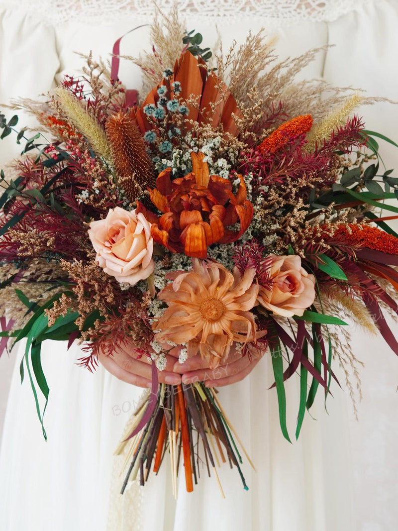 Burnt Orange Rust Terracotta Bouquet,Fall Wedding Flowers,Silk Flower Bouquet,Wedding Bouquet,Bridal Bouquet,Dried Flower Wedding silk flower