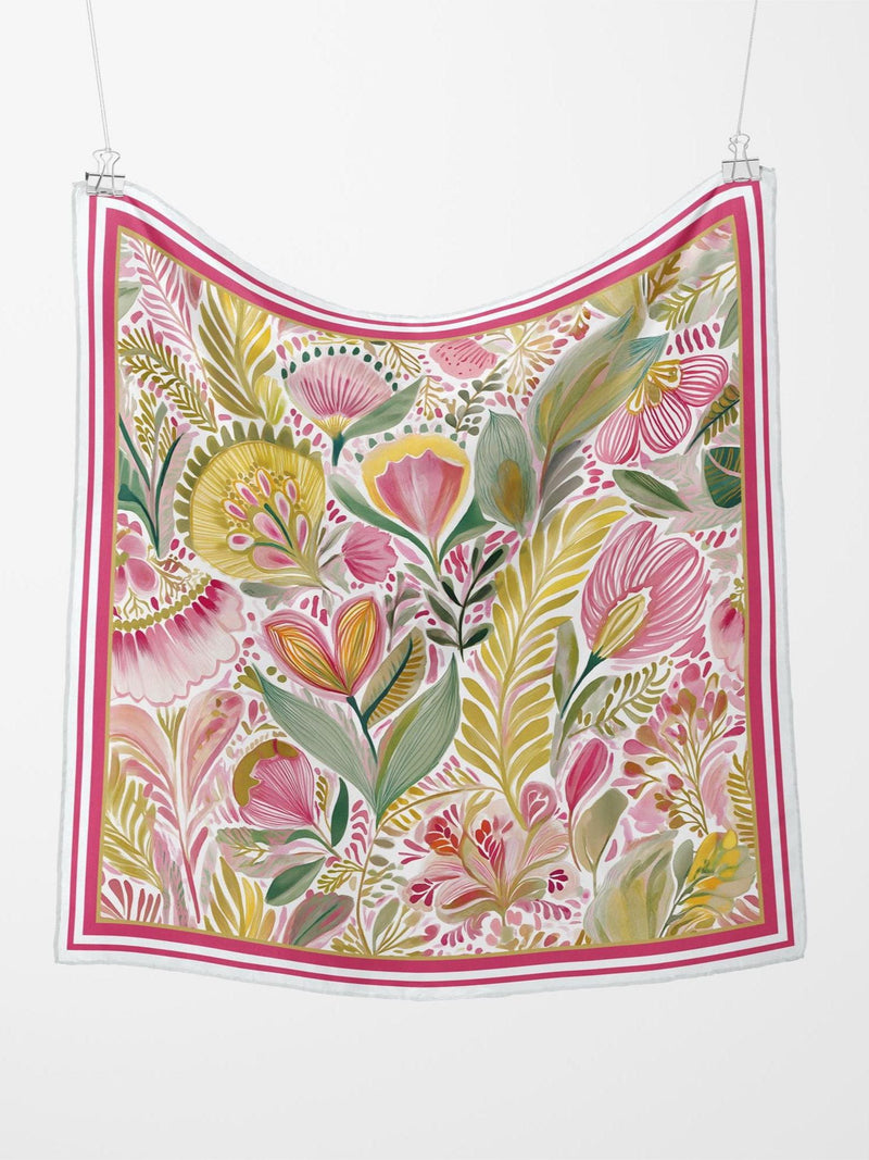 Floral Silk Scarf: Pink, Green & Gold Square Bandana - Four Sizes silk flower