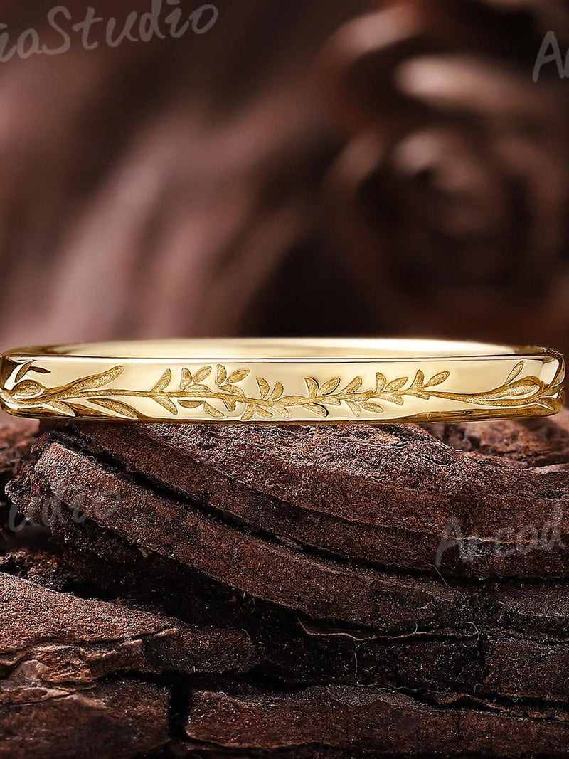 Unique Lavender Engraving Wedding Band Solid Gold Nature Inspired Leaf Wedding Bands For Women Promise Rings Birth Flower Rings For Her wedding flower