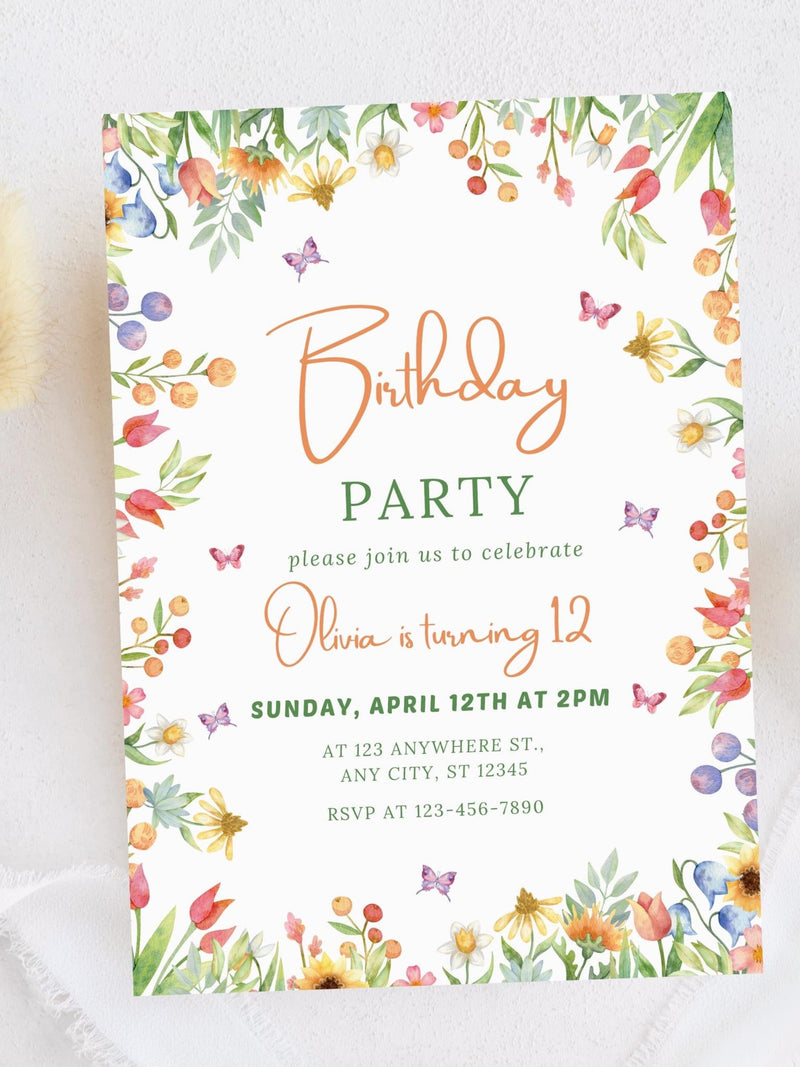 Flower Birthday Invitation, Girl Wildflower Birthday invite, Editable Floral Birthday Invite, CANVA Template, InstantÊDownload birthday flower