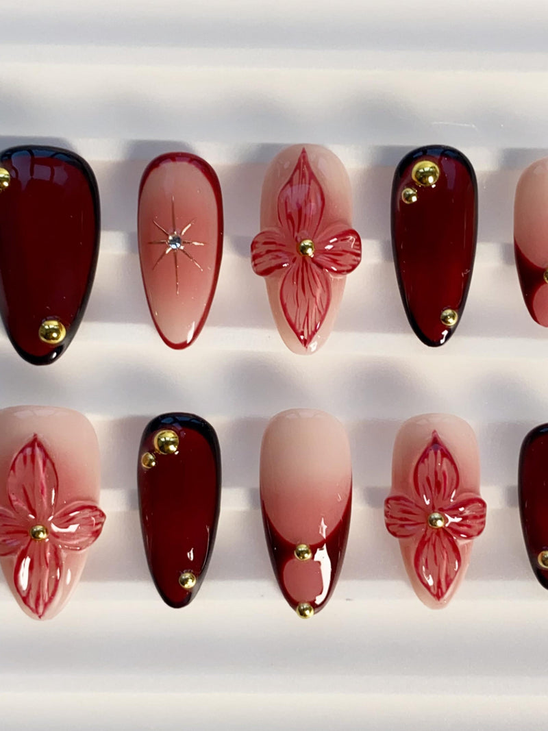 Burgundy Flower Press On Nails Long Almond Nails/Star Nails/Red Nails/Summer Holiday Nails/Claret French Nails/Gold Chrome Nails FLOWER DELIVERY