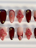 Burgundy Flower Press On Nails Long Almond Nails/Star Nails/Red Nails/Summer Holiday Nails/Claret French Nails/Gold Chrome Nails FLOWER DELIVERY