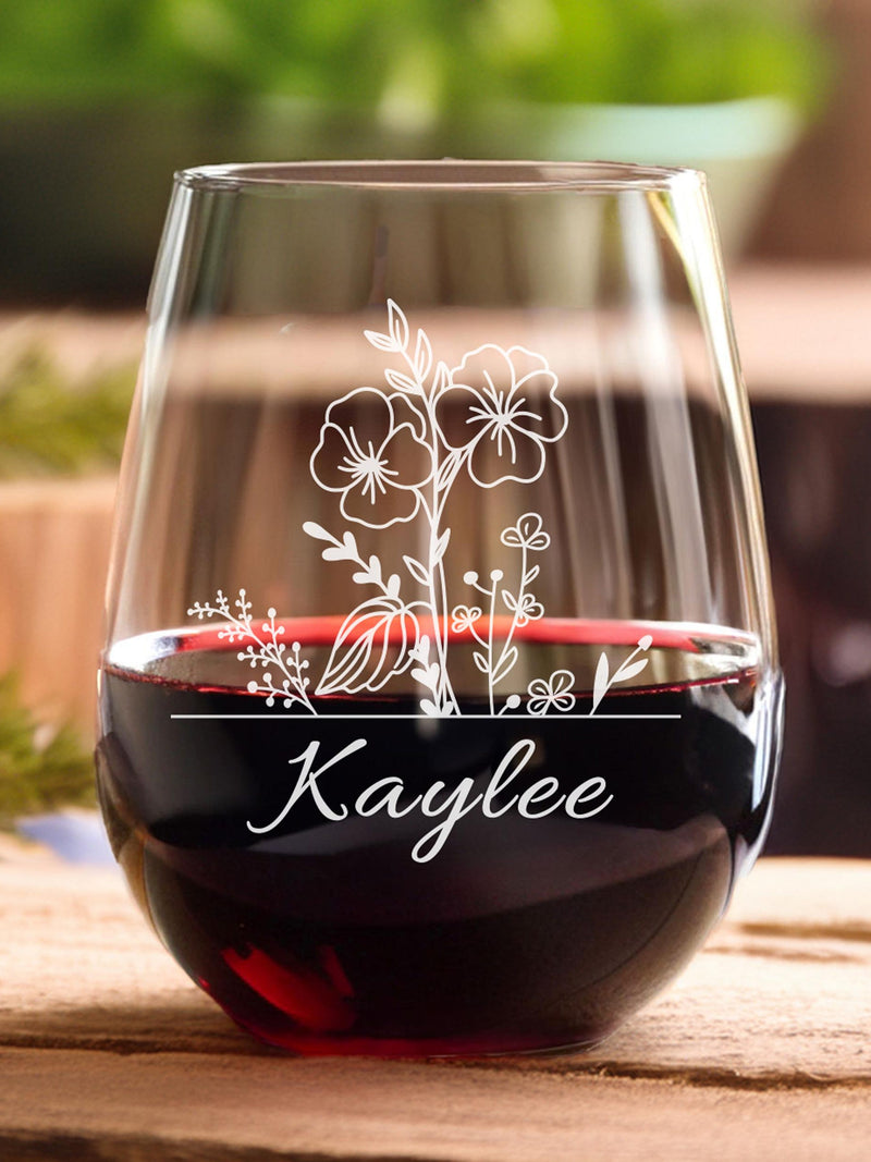 Personalized Birth Flower Wine Glass, Custom Floral Engraved Stemless Wine Glass, Birthday Gift birthday flower