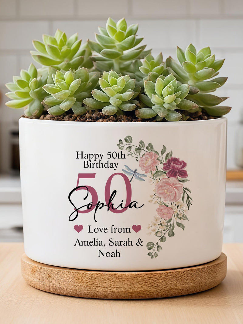 Personalized Floral Birthday Flower Pot, Custom Birthday Gift for Any Age 20 30 40 50 60 70,Milestone Keepsake for Grandma Mom Friend birthday flower