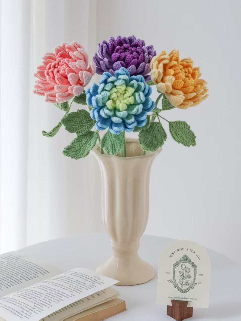 Crochet Dahlia Flower bouquet_ Handmade Realistic Yarn Dahlia, Crochet Chrysanthemum Bouquet, Long Stem Crochet Flower for Home DŽcor FLOWER DELIVERY