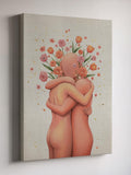 Romantic Couple Hug Canvas Wall Art, Floral Love Embrace Print, Anniversary Gift, Wedding Home Decor, Modern Romantic Couple Artwork Love Romance Flower