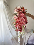 Cascading Orchid & Rose Wedding Bridal Bouquet Artificial - Rust, Mauve and Dusty Pink Ceremony Flowers Bouquet