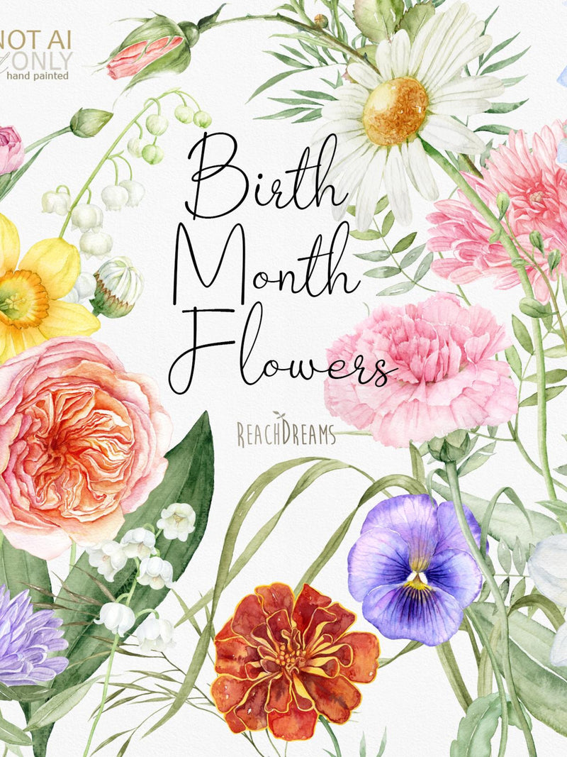 Birth Month Flower PNG Watercolor Family Bouquet DIY Floral PNG Clipart Digital Download Birthday Gift Family Individual Elements Of Flowers birthday flower