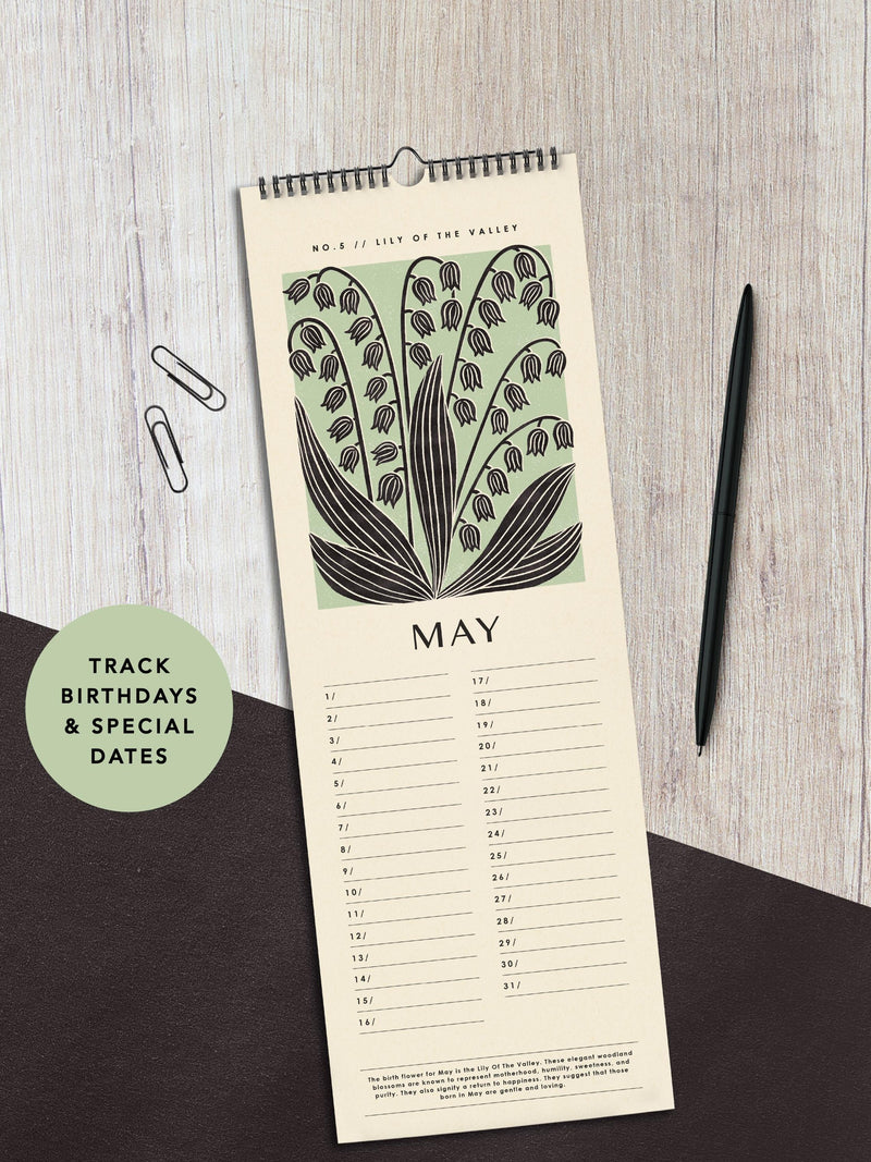 Birth Flower Perpetual Birthday & Celebration Calendar | Slim Wall Calendar | Undated Planner Organiser | Reusable, eco-friendly Calendar birthday flower