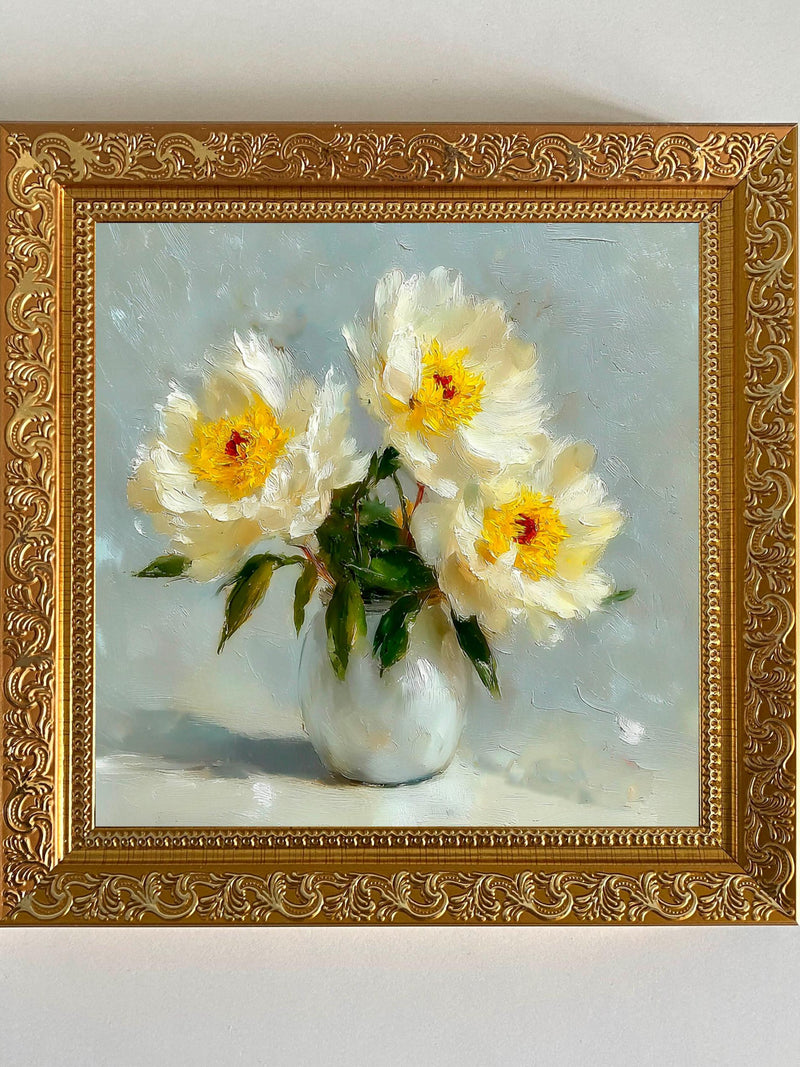 Peony Oil Painting White Flower Original Art Framed Floral Artwork house warming flower
