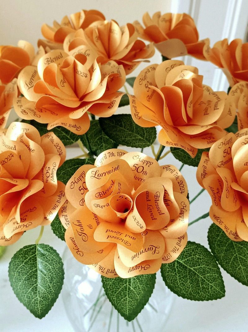 Gold 50th Anniversary 50th Birthday Decoration or Gift  Metallic Gold Paper Roses with Personalized Print  Wedding Shower  Set of 12 ANNIVERSARY