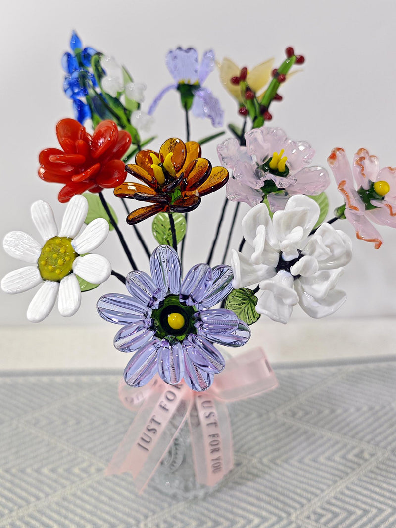 Hand blown glass birth month bouquet,Birth Flower Gift, Hand Blown Spring Flower, Christmas Gifts for Her Mom,Hand Glass Flower Sculptures birthday flower