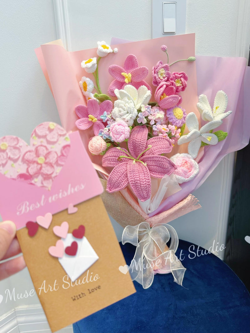 Crochet Flower Bouquet: Handmade Yarn Sunflower, Rose, Tulip & Lily Bouquet