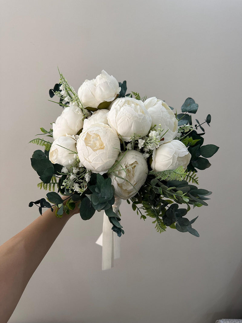 Large White Peony Bridal Bouquet with Real Eucalyptus Ð Elegant Wedding Flowers Bouquet