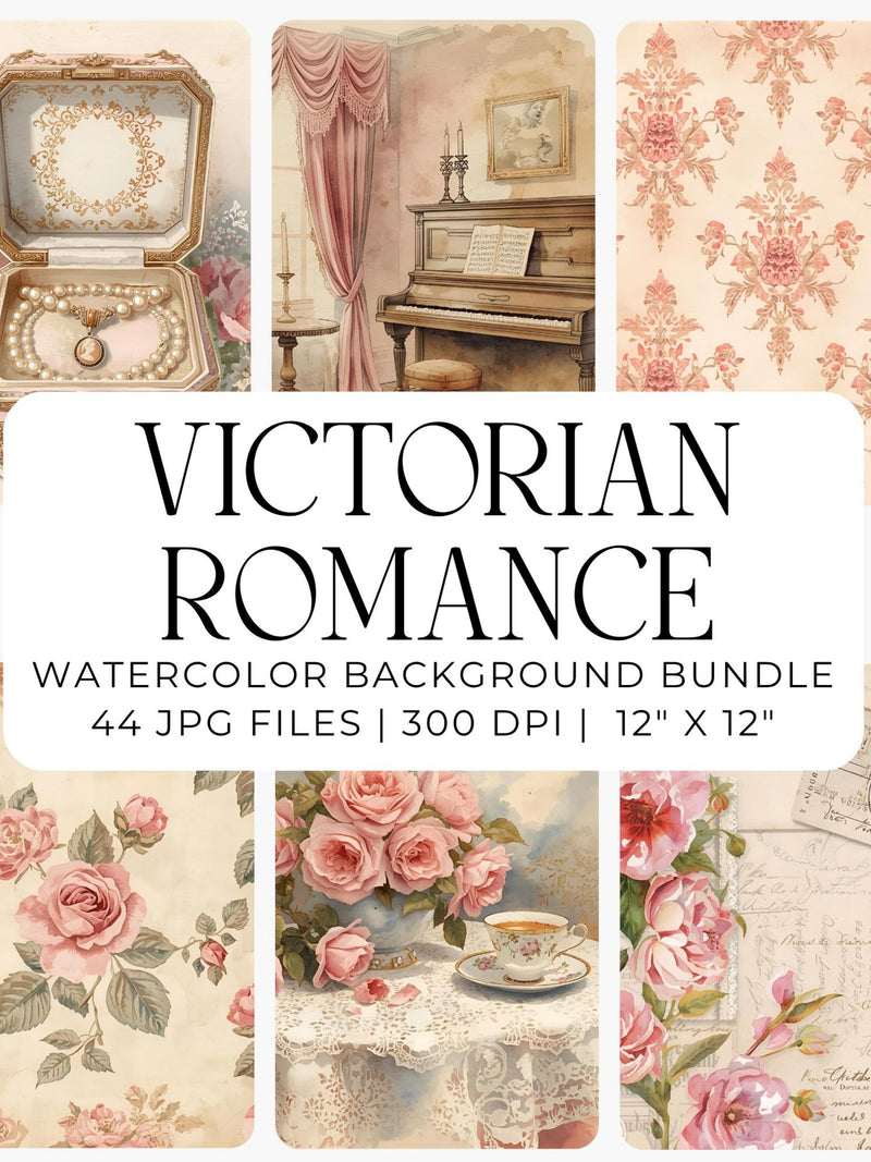 Victorian Romance Watercolor Backgrounds | Vintage Pink Love Letter 12x12 JPG Papers, Romantic Shabby Chic Junk Journal & Scrapbook Ephemera Love Romance Flower