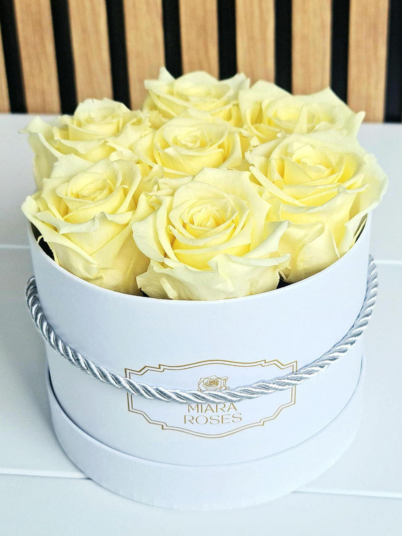 Trending Home Decor: Light Yellow Preserved Roses in White Gift Box, Floral Decor FLOWER DELIVERY