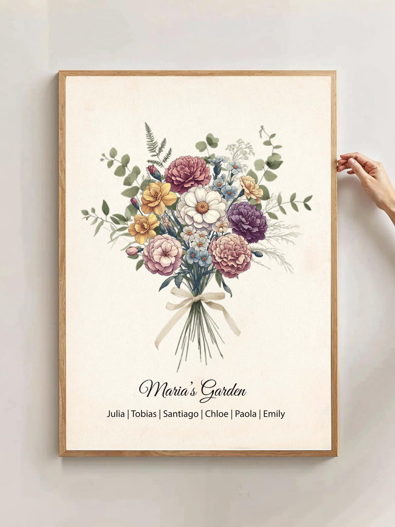 Birth Flower Family Bouquet, Personalised Watercolour Birth Flower Print, Wall Art, Birthday Gift, Minimalist Home Decor, Personalised gift sympathy flower