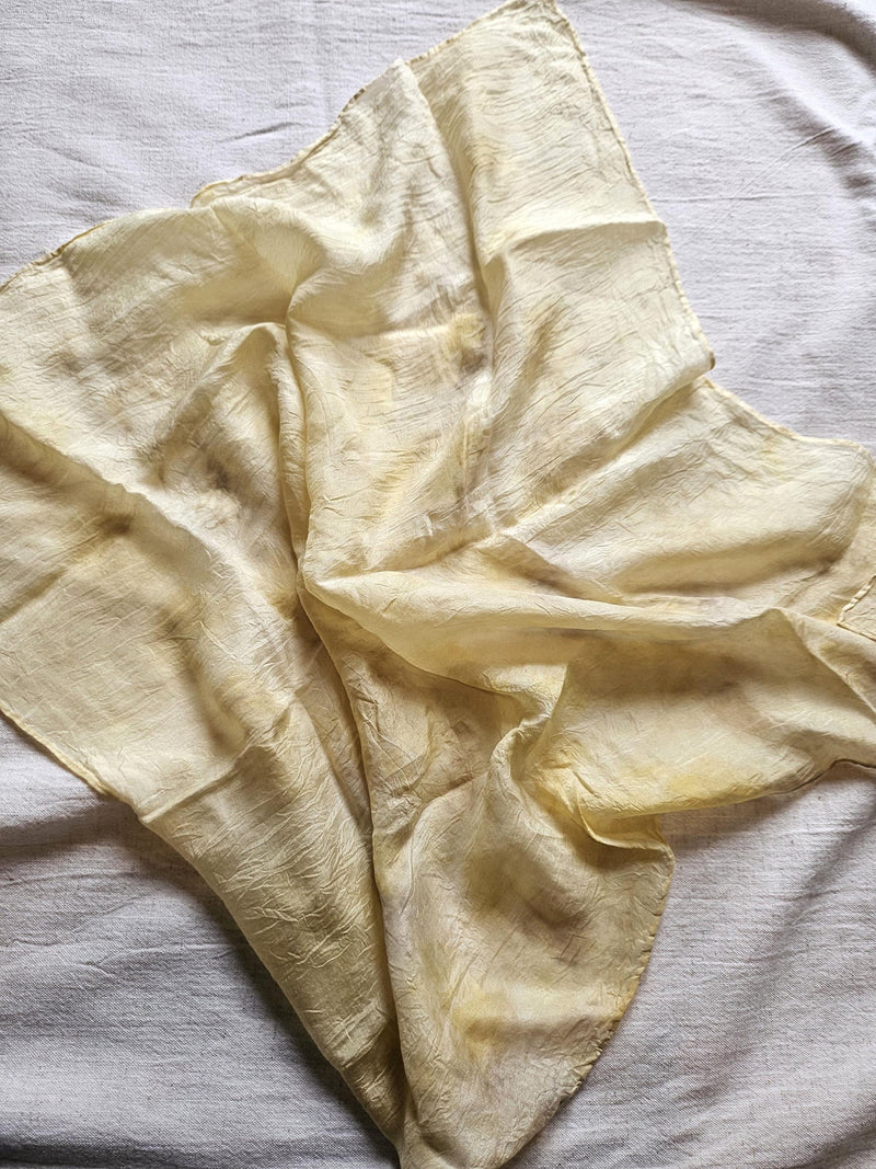 Naturally Hand-Dyed Silk Scarf: Botanical Pale Yellow Square Bandana, Eco-Friendly silk flower