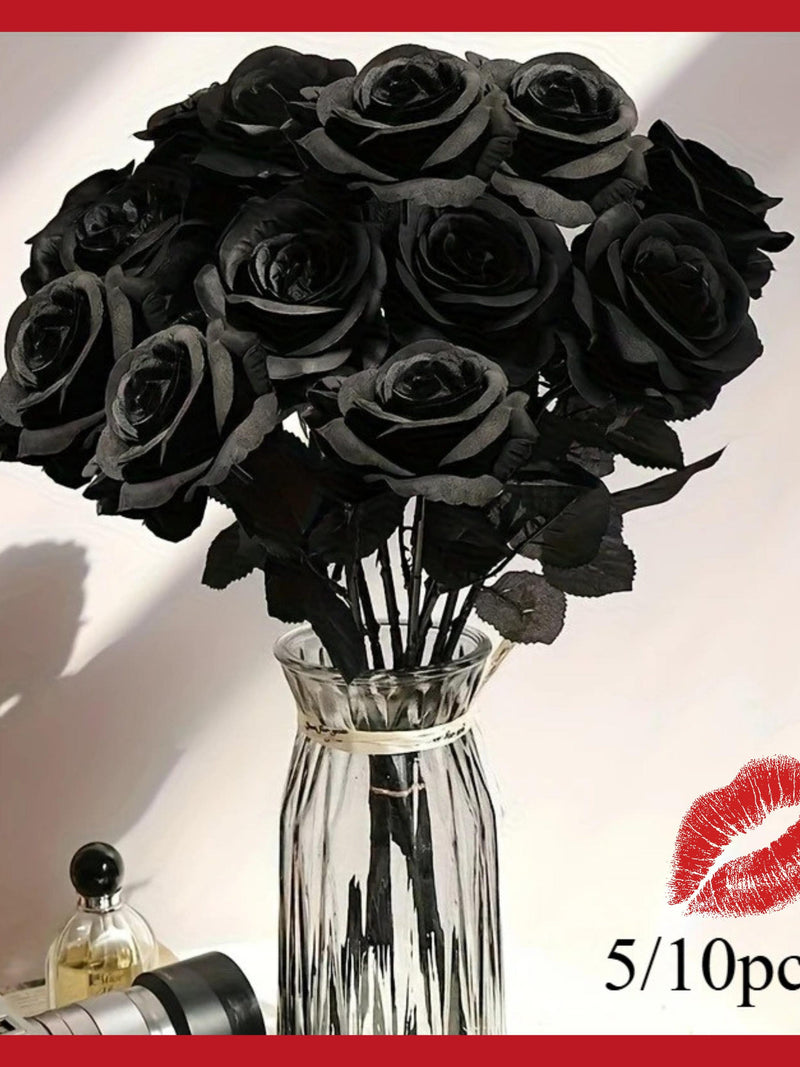 Gothic Black Rose Bouquet, Artificial Silk Flowers, Halloween Decor Bouquet