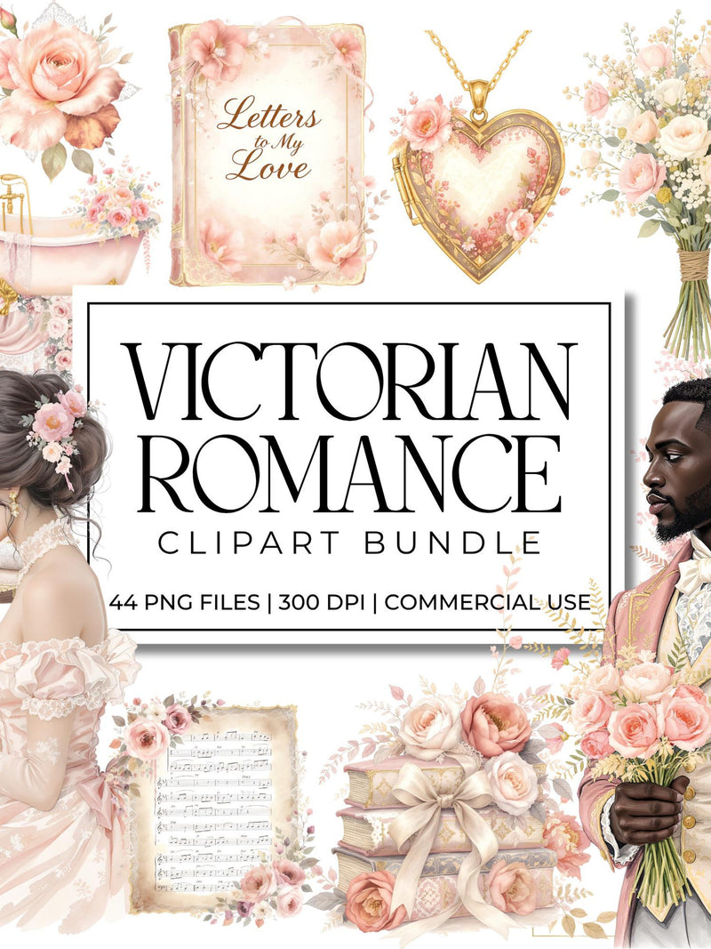 Victorian Romance Watercolor Clipart | Vintage Romantic Love Letters, Roses, Lace, Ephemera & Couples | Junk Journal Scrapbook PNG Bundle Love Romance Flower