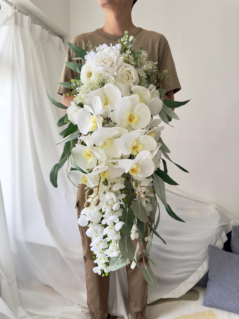 Cascading White Orchid Bridal Bouquet Artificial Ð Elegant Wedding Flowers with Roses, Wisteria & Greenery Eucalyptus Bouquet
