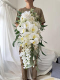 Cascading White Orchid Bridal Bouquet Artificial Ð Elegant Wedding Flowers with Roses, Wisteria & Greenery Eucalyptus Bouquet