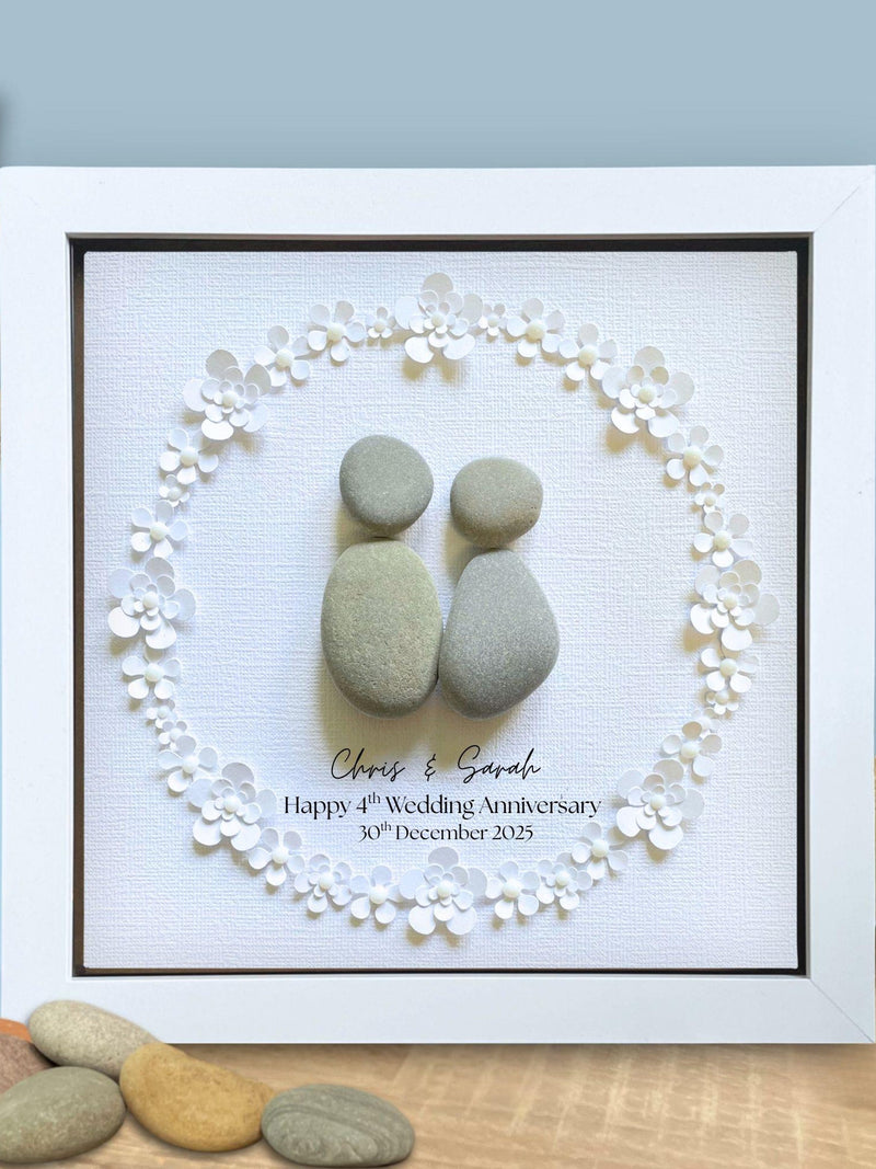 Personalised 4th Anniversary Pebble Art Gift: Custom Paper Flower Couple Portrait ANNIVERSARY