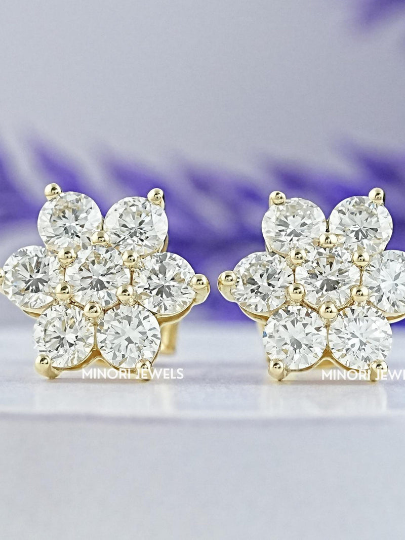 Round Cut Lab Grown Diamond Flower Stud Earring, 14k gold Stud Earring For Birthday Gift, lab Diamond Floral Earring, prong set Stud Earring ANNIVERSARY