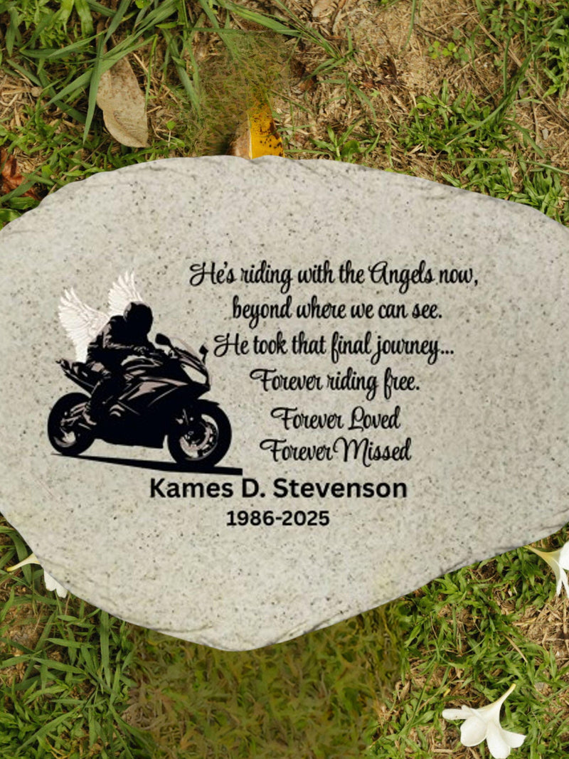Motorcycle Memorial Garden Stone: Biker Sympathy Gift, Riding with Angels Poem Remembrance Keepsake, sympathy flower