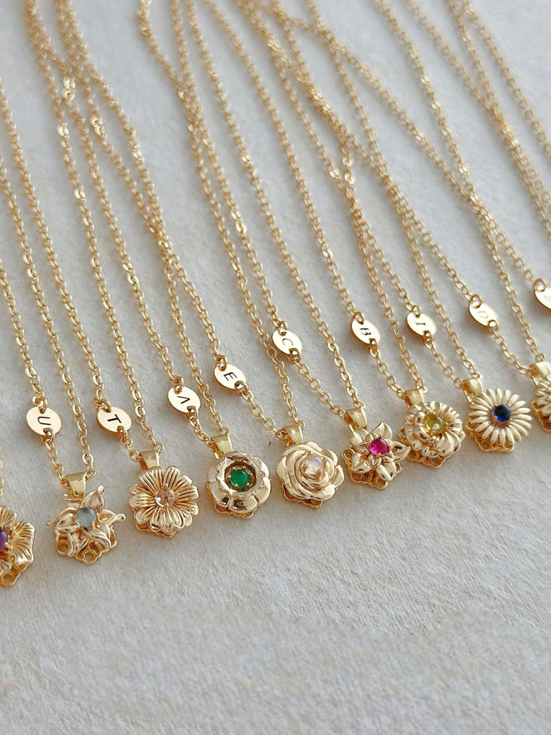 Dainty Birth Flower Necklace With Birthstone, Custom Initial Birthday Gift, Fidget Spinner Birthflowers, Personalized Christmas Gift For Her birthday flower
