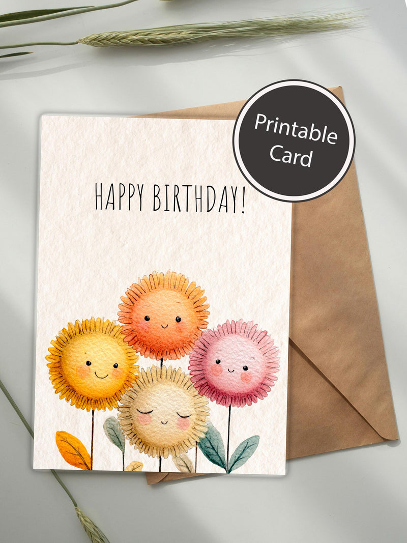 Cute Watercolor Happy Birthday Card | Printable Birthday Card 5x7" | Digital Download Greeting Card with Smiling Flowers | Instant Download birthday flower