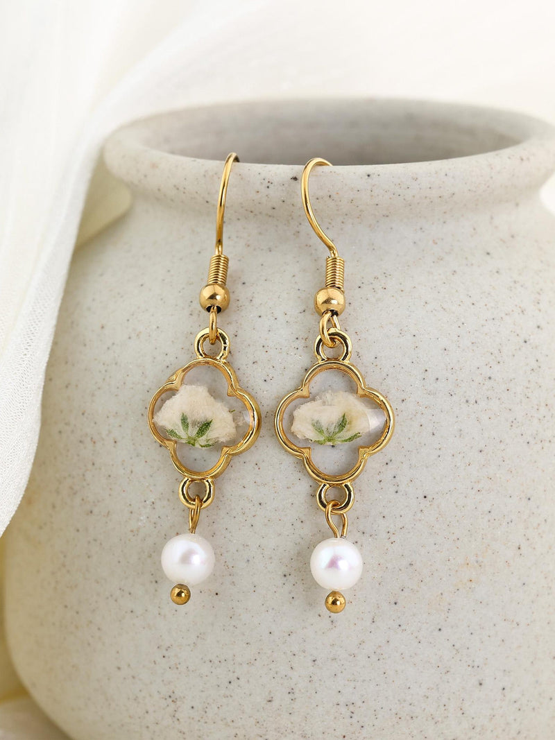 BabyÕs Breath Dangle Earrings with Pearl, Real Pressed Flower Jewelry, Gold Drop Earrings, Handmade Miscarriage Gift for Her,sympathy gift sympathy flower