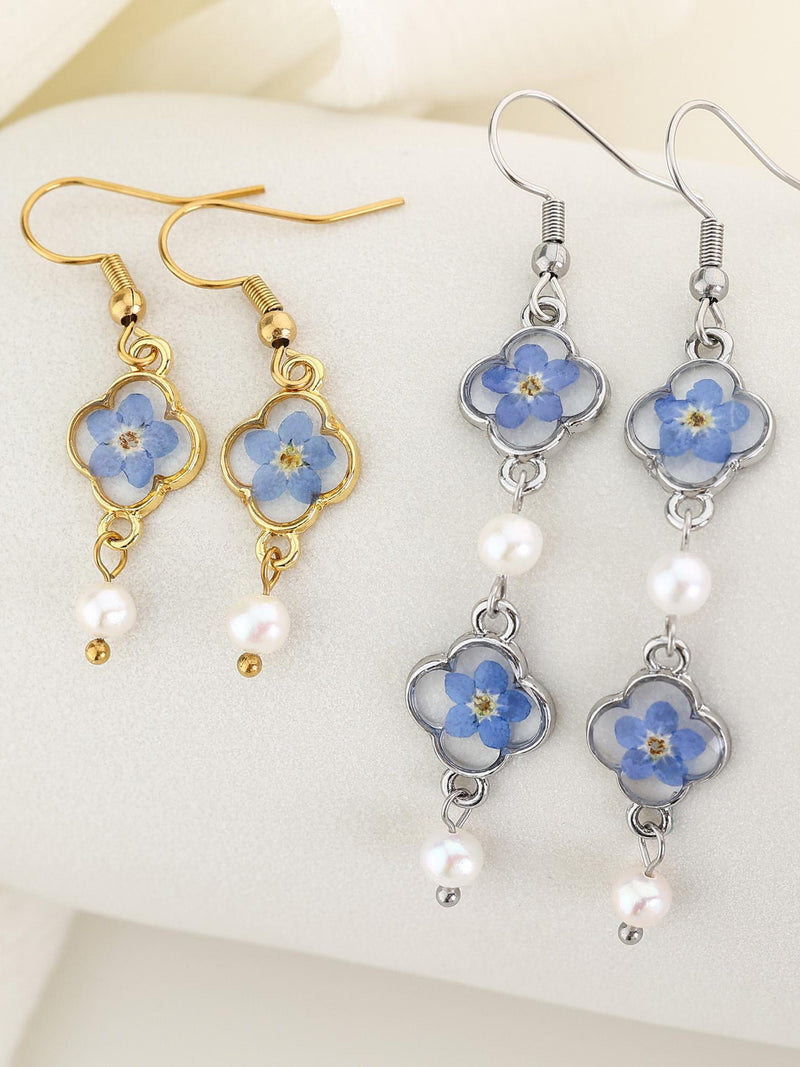 Real Forget Me Not Flower Earrings with Pearl, Resin Pressed Flower Jewelry, Memorial Bereavement Gift, Sympathy Gift for Her sympathy flower
