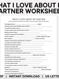 What I Love About My Partner Worksheet, Couples Journal, Couples Games, Date Night Games, Dating Games, Couples Therapy, Marriage Counseling Love Romance Flower