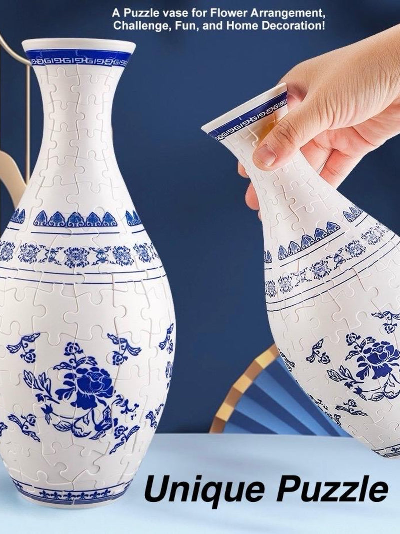 3D Blue-and-White Porcelain Puzzle Vase, DIY 3D Jigsaw Flower Vase, Modern House Warming Decor, 3D Assembly Art Vase, Fun Craft Gift for Kid house warming flower