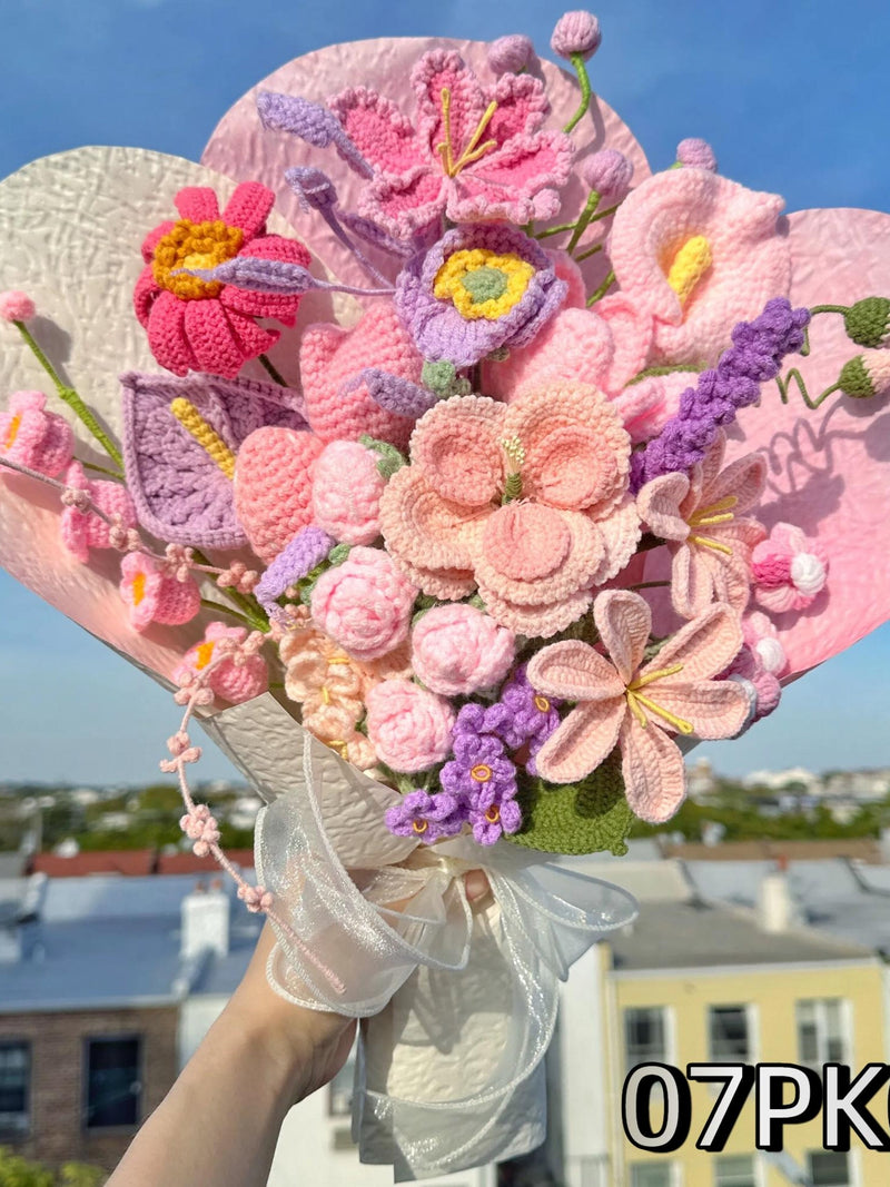 Crochet Pink Flower Bouquet, Personalized Mother's Day Gift for Mom Grandma, Permanent Birthday Yarn Flowers, Crocheted Anniversary Gift Bouquet