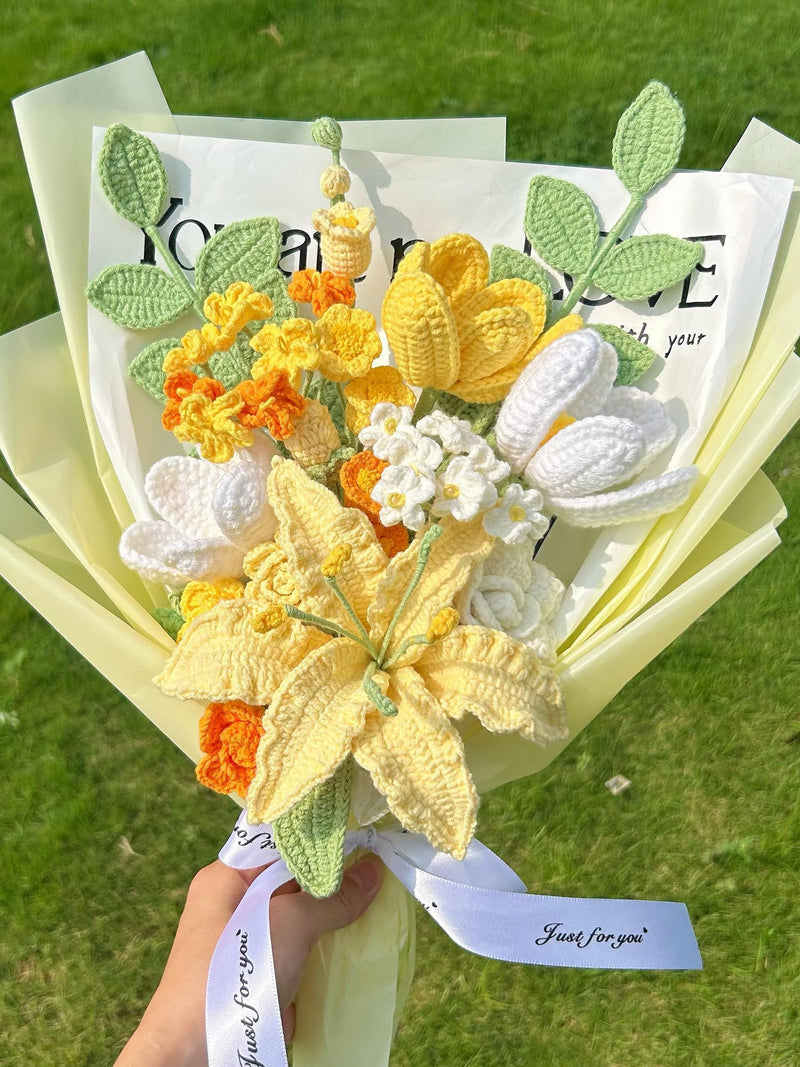 Crochet Yellow Flower Bouquet,Handmade Lily,Rose,Tulip,Peony,Lily of the valley Flower Bouquet,Birthday,Anniversary,Congratulation Gift sympathy flower
