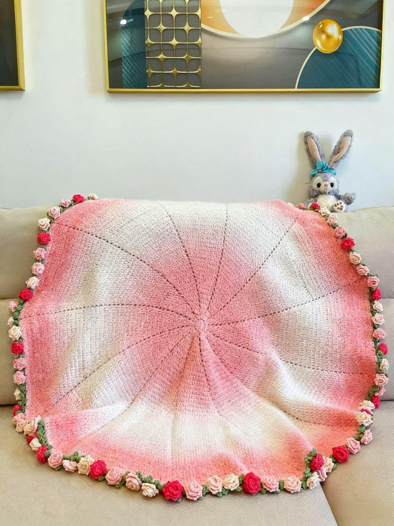 Handmade Crochet Pink Gradient Rose Blanket : Unique Handcrafted gift for Her. Bouquet