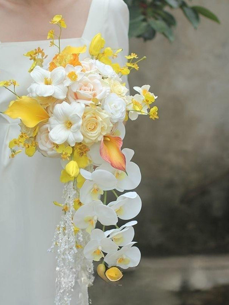 Sunshine-Hued Cascade Bridal Bouquet with Yellow Calla Lilies, White Orchids and Roses Bouquet