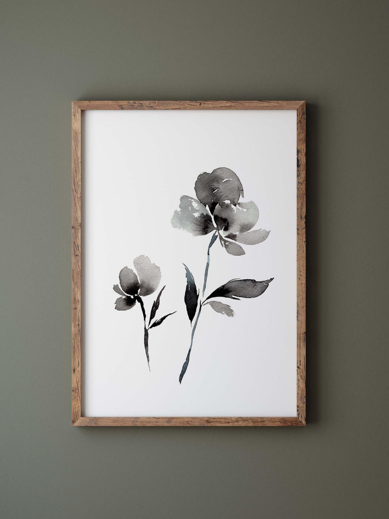 Black and White Floral Watercolor Art Print: Modern Botanical Wall Decor house warming flower