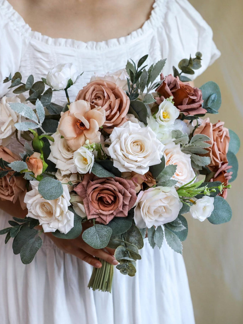 Neutral Artificial Wedding Bouquet, Quicksand Toffee Roses, Silk Bridal Flowers Bouquet