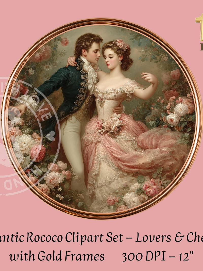 Rococo Romance Round Clipart Ð Lovers & Cherubs, 12 PNG, Gold Frame Options Love Romance Flower